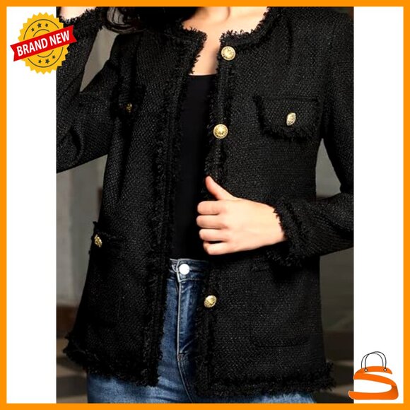 Tweed Blazer Jacket Elegant Collarless Long Sleeve Open Front Casual Chic - Picture 2 of 6